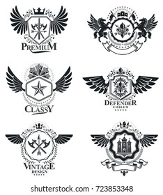 Vintage heraldry design templates, vector emblems. Collection of symbols in vintage style.