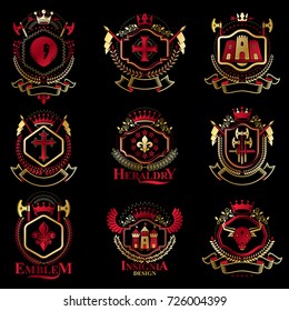 Vintage heraldry design templates, vector emblems created with bird wings, crowns, stars, armory and animal illustrations. Collection of vintage style symbols.
