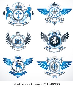 Vintage heraldry design templates, vector emblems created with bird wings, crowns, stars, armory and animal illustrations. Collection of vintage style symbols.