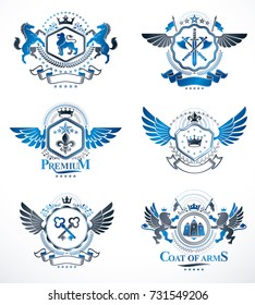 Vintage heraldry design templates, vector emblems created with bird wings, crowns, stars, armory and animal illustrations. Collection of vintage style symbols.