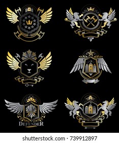 Vintage heraldry design templates, vector emblems created with bird wings, crowns, stars, armory and animal illustrations. Collection of vintage style symbols.