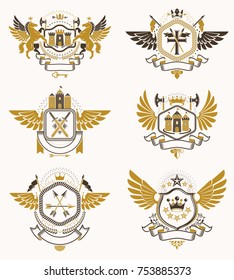 Vintage heraldry design templates, vector emblems created with bird wings, crowns, stars, armory and animal illustrations. Collection of vintage style symbols.