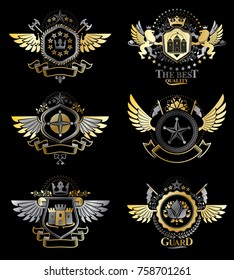 Vintage heraldry design templates, vector emblems created with bird wings, crowns, stars, armory and animal illustrations. Collection of vintage style symbols.