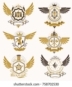 Vintage heraldry design templates, vector emblems created with bird wings, crowns, stars, armory and animal illustrations. Collection of vintage style symbols.
