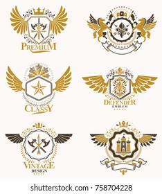 Vintage heraldry design templates, vector emblems created with bird wings, crowns, stars, armory and animal illustrations. Collection of vintage style symbols.