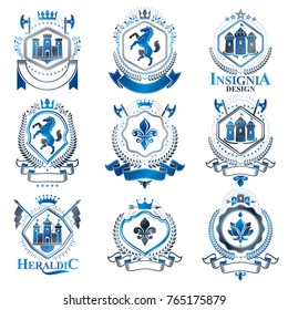 Vintage heraldry design templates, vector emblems created with bird wings, crowns, stars, armory and animal illustrations. Collection of vintage style symbols.