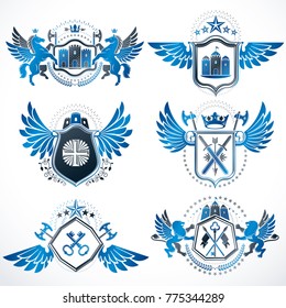 Vintage heraldry design templates, vector emblems created with bird wings, crowns, stars, armory and animal illustrations. Collection of vintage style symbols.