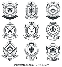 Vintage heraldry design templates, vector emblems. Collection of symbols in vintage style.