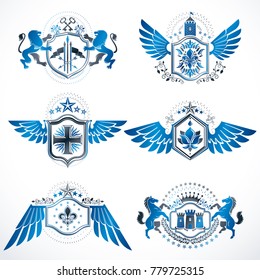 Vintage heraldry design templates, vector emblems created with bird wings, crowns, stars, armory and animal illustrations. Collection of vintage style symbols.