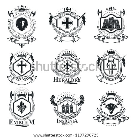 Vintage heraldry design templates, vector emblems. Collection of symbols in vintage style.
