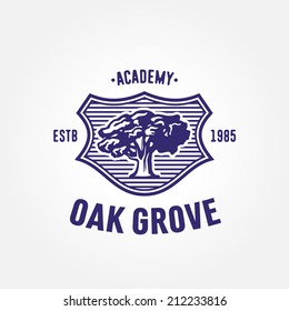 Vintage Heraldry Symbol, logo with old mighty tree oak,  communicates such values as traditions, heritage, intelligence, reputation, stability, safety, wisdom, experience