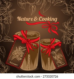 Vintage herb spice jars nature and cooking with red ribbon
