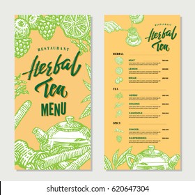 Vintage herbal tea restaurant menu template with hand drawn natural healthy organic ingredients vector illustration