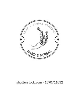 Vintage herbs logo in black and white. Herbs held by hand logo template. Botanical in hand logo template