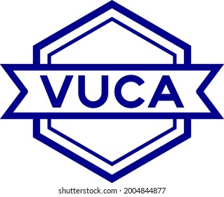 Vintage hexagon label banner with word VUCA (abbreviation of Volatility, uncertainty, complexity and ambiguity) in blue color on white background