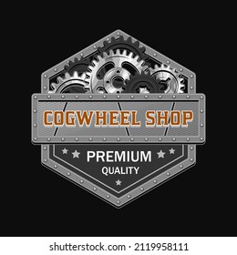 Vintage hexagonal label with black, silver steel gears, metal rail, rivets, horizontal space for text. Emblem in steampunk style. Good for craft design.