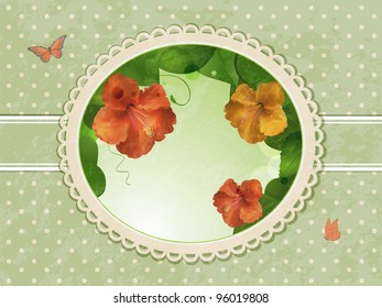 Vintage hibiscus flower border on a green distressed background