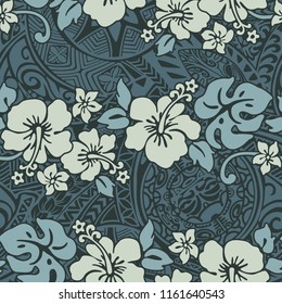 Vintage Hibiscus Flowers With Tribal Background,  Hawaiian Abstract Floral Vector Seamless Pattern 