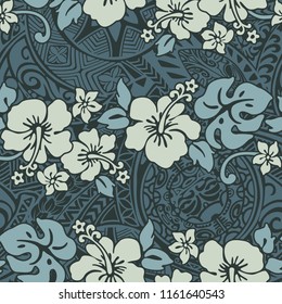 Vintage hibiscus flowers with tribal background,  Hawaiian abstract floral vector seamless pattern 