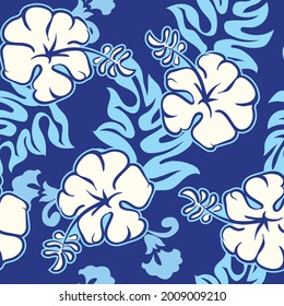 Vintage Hibiscus Leaf Hawaiian design with Polynesian icons motifs for fashion with full repeat