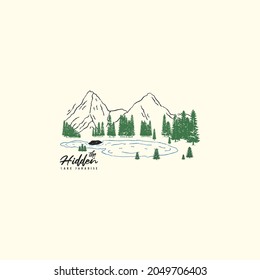 vintage hidden lake paradise logo vector illustration with amazing brush. hidden lake paradise illustration with retro style