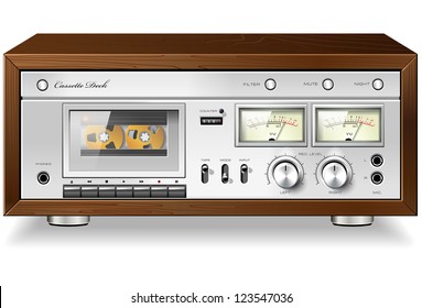 Vintage HI-Fi Analog Stereo Cassette Tape Deck Recorder Player Detailed Vector