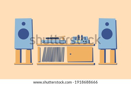 Vintage HI-FI stereo system on cabinet, stand, nightstand. Turntable of vinyl records.Tube amplifier. Acoustic system. Retro style. Musical equipment for music lover. Flat vector illustration Isolated