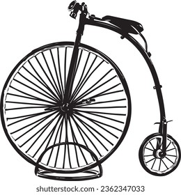 Vintage High Wheeler Bicycle Model - Classic Retro Penny Farthing Design, Retro Bicycle Silhouette: High Wheeler Bike mit einem Big Wheel und einem Small Wheel, Penny Farthing Bike Illustration 