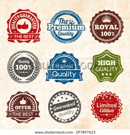 Vintage highest guaranteed quality best offer and limited edition round color stamps isolated vector illustration