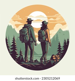 vintage hiking camp couple in pine tree forest mountain logo vector illustration