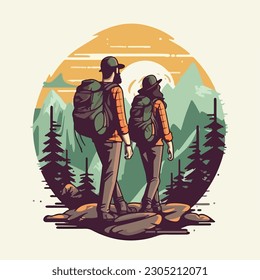 vintage hiking camp couple in pine tree forest mountain logo vector illustration