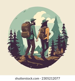 vintage hiking camp couple in pine tree forest mountain logo vector illustration