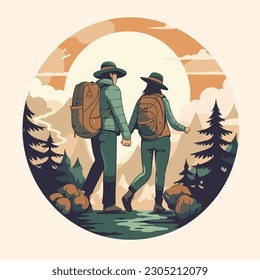 vintage hiking camp couple in pine tree forest mountain logo vector illustration