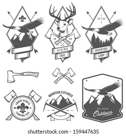 Vintage hiking and camping labels, badges and design elements