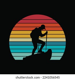 Vintage Hiking Hiker on Rock Retro Sunset Silhouette