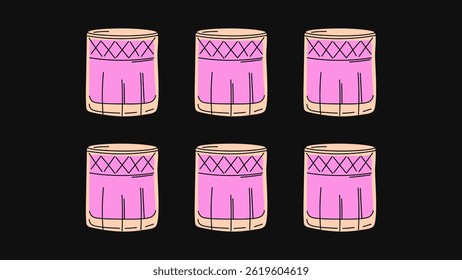 Vintage hippie aperitifs — colorful hand-sketched cocktails in glassware, jars, goblets, tumblers, vessels, flutes, and classic cups