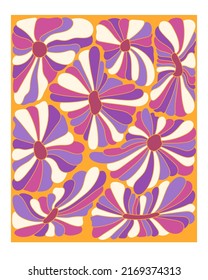 Vintage hippie floral design. Old school colored wavy line art. Abstract retro 70s background. Psychedelic colorful waves vector illustration. Groovy 60s fashion print.