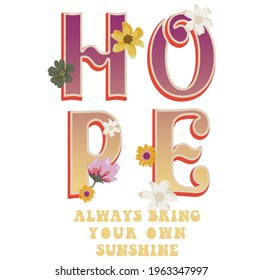 Vintage hippie Hope slogan with daisy illustration print for kids and girl tee - t shirt or sticker