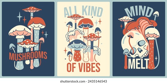 Vintage Hippie mushroom posters, wall art. Psychedelic cottagecore doodle Graphic Tee. Fun trippy style t-shirt prints with shrooms and skull.