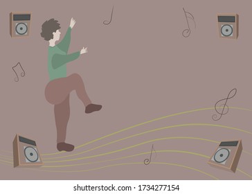 Vintage Hippie Party Illustration. Flat Character Dance Alone. Pandemic Concept Relaxation At Home.  Young Person Dance On Speakers. Retro Music Poster. 