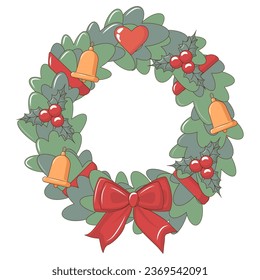 Vintage Hippie Retro Merry Christmas and Happy New Year Christmas Wreath character. Vector retro 70s style sticker, stamp or patch.