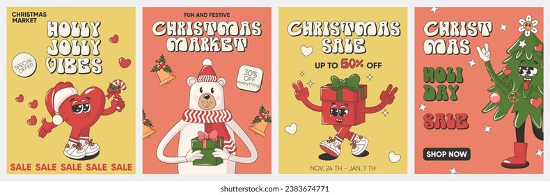  Vintage Hippie Retro Merry Christmas set of cards or posters with retro cartoon characters and elements: Christmas tree, gift, bear and heart. Christmas sale flyer template.