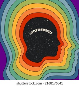 Vintage hippie styled motivation illustration with human head silhouette with starry night sky texture surrounded by rainbow with listen to yourself caption. Vector illustration