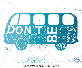 Vintage hippie time decorated van. Don't worry, be happy. Peace, love, rock-n-roll 