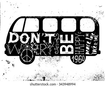 Vintage hippie time decorated van. Don't worry, be happy. Peace, love, rock-n-roll 