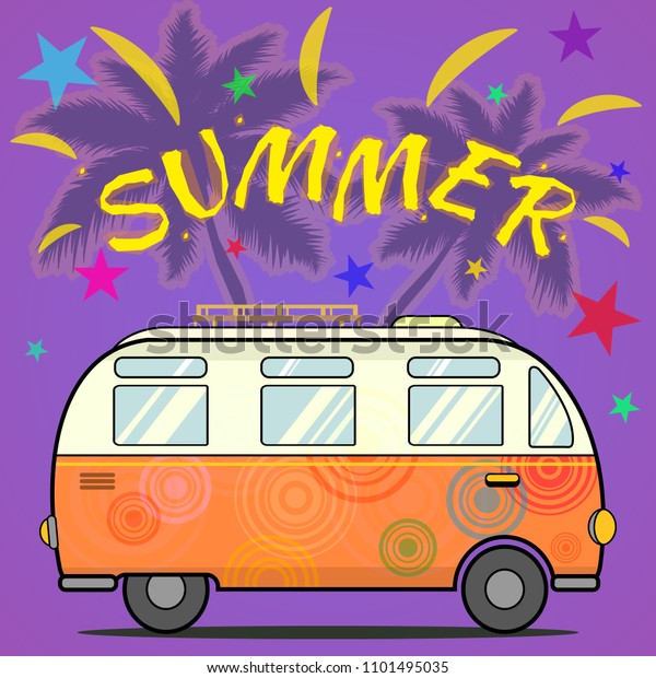 Vintage hippie van, summer vacation, colorful\
summer poster, vector