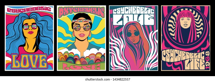 Vintage Hippie Woman Posters, Psychedelic Art, Retro Colors
