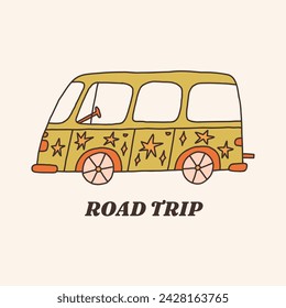 Vintage hippies travel road trip car. Vector retro hand drawn groovy illustration posters t-shirts and stickers