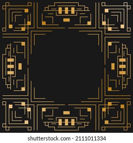 Vintage hipster abstract geometric pattern with golden art deco geometric frame on gold background for textile design. Vector illustration.