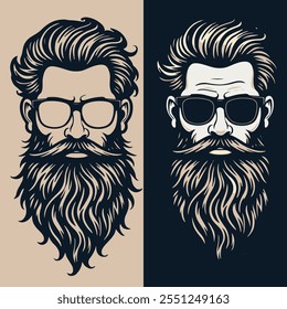 Vintage Hipster Bearded Man Illustration - Contrasting Backgrounds